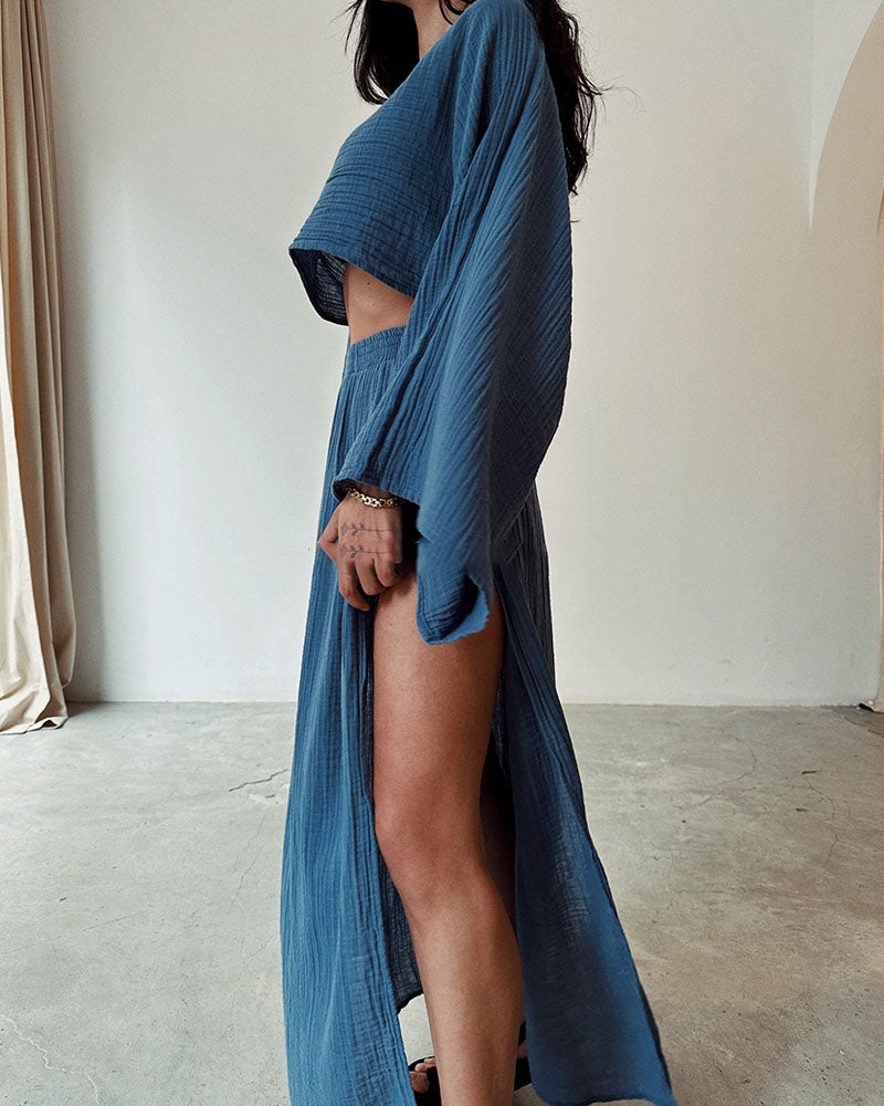 Damen Leinen Zwei-Teiler mit kurzem Oberteil und Rock mit hohem Schlitz