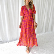 Nora | Anmutiges Flora Midi-Kleid Damen – Rosa – Orange