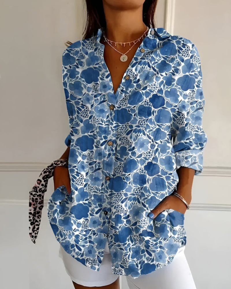 Damen Bluse mit V-Ausschnitt | Lockere Langarmbluse mit Knöpfen