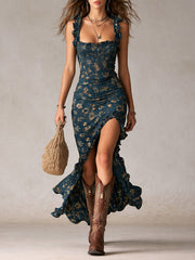 Maja | Damen Boho Retro Maxikleid Rüschenärmel Hoher Schlitz – Boho Maxi 2026 – Marineblau