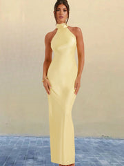 Sommerfeld | Elegantes Satin-Maxikleid mit Halter-Ausschnitt – Gelb