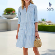 Gestreiftes Hemdblusenkleid mit klassischem Kragen – Hellblau