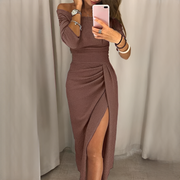 Cristy - Elegantes schulterfreies Damenkleid – Braun