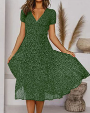 Mia | Damen Midi Kleid V-Ausschnitt Kurzarm A-Linie Sommerkleid – Grün