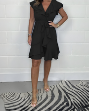 Damen Chiffonkleid Mit V Ausschnitt Und Wickeloptik – Schwarz