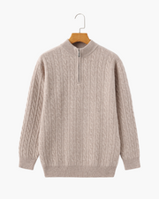 Roman | Chunky knit Herren Chasmere Pullover mit Kabelstrickmuster & Halb Reißverschluss Kragen – Beige