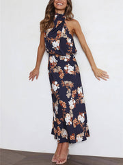 Maxikleid mit Neckholder, floralem Muster und elastischer Taille – Marineblau