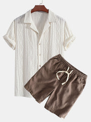 Geometrisches Jacquard Eyelet Cuban Hemd & Shorts aus Leinen-Baumwoll-Mischung – Kaffee