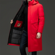 Alexander | Herren Langer Winter Steppmantel mit Kapuze – Rot