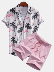 Palm Tree Flamingo Print Button Up Shirt & Swim Shorts – Hellrosa