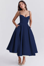 YLIANA | Romantisches Sommer Midi Kleid – Marineblau
