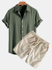 Hemd aus Leinen-Viskose-Mischung mit Knöpfen & Shorts aus Leinen-Baumwoll-Mischung mit Kordelzug – Dunkelgrün