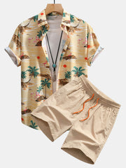 Flamingo-Lebensraum-Muster Hemd mit Knopfleiste und Shorts zum Schwimmen – Beige