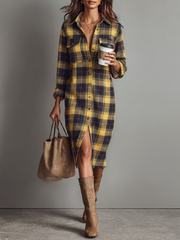 Kariertes Flanell-Midikleid mit Knopfleiste – Gelb