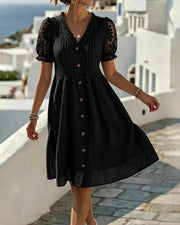 Emmara - Premium Patchwork-Kleid mit Puffärmeln – Schwarz