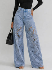 Kaliora - Wide-Leg-Jeans mit floraler Spitze – Blau
