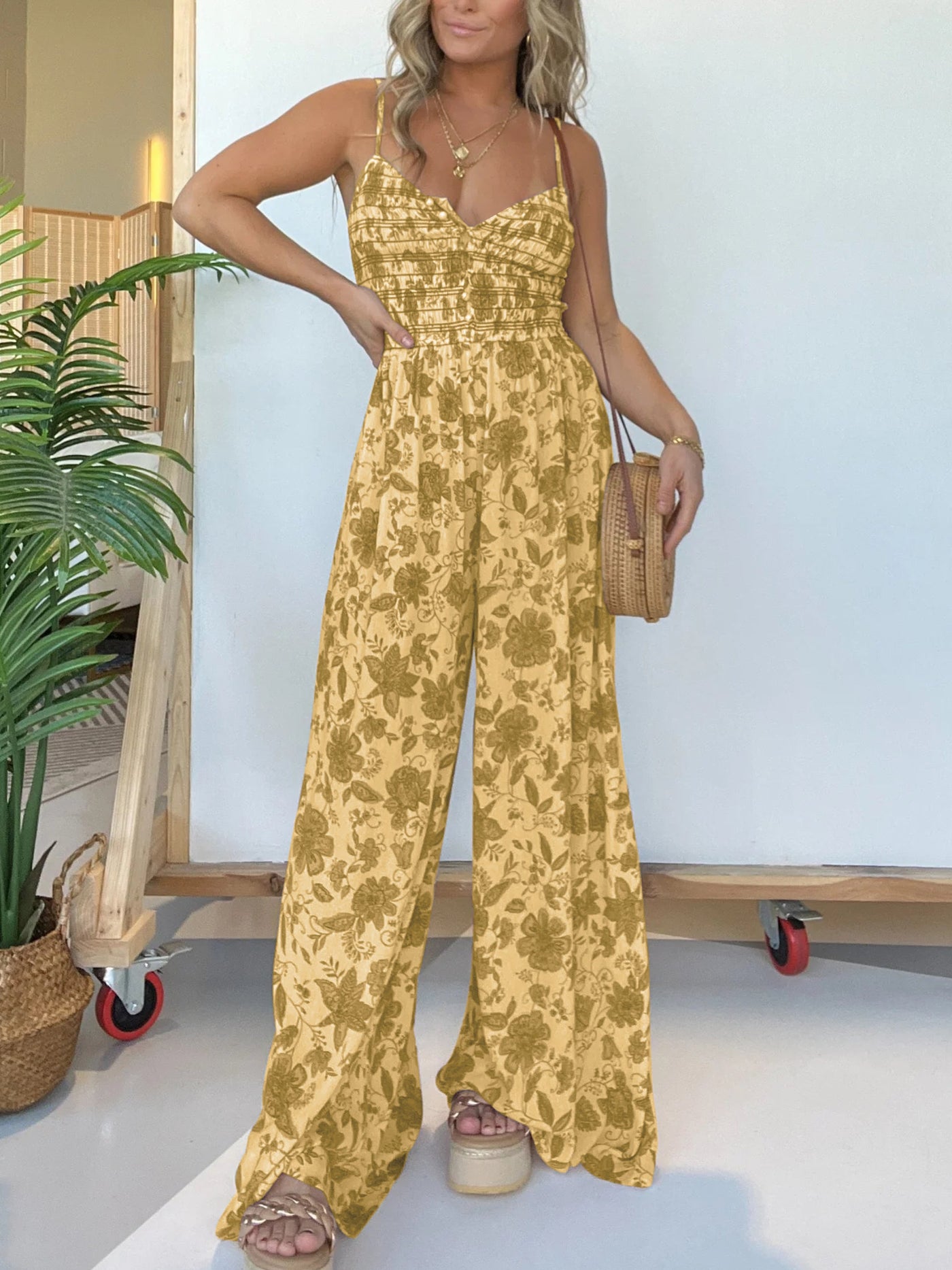 Jumpsuit mit Spaghettiträgern | Smock-Oberteil | Florales Design