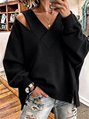 Aurelia - Soft-Touch-Sweatshirt mit V-Ausschnitt und Cut-out-Details – Schwarz