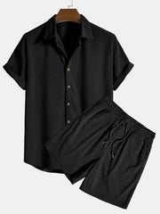 Kurzärmeliges Corduroy Hemd mit Knöpfen & Shorts – Schwarz