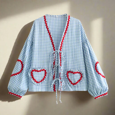 Gingham-Bluse mit Herz-Details | Weite Ärmel | Verspielter Charme
