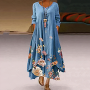 Rosalie | Damen Maxikleid Langarm Blumenprint A-Linie – Meeresblume