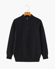Roman | Chunky knit Herren Chasmere Pullover mit Kabelstrickmuster & Halb Reißverschluss Kragen – Schwarz