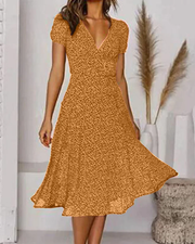 Mia | Damen Midi Kleid V-Ausschnitt Kurzarm A-Linie Sommerkleid – Gelb