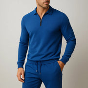 Luca | Herren Strick Set 2-teilig Polo Zip Pullover Jogger Hose – Blau
