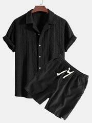 Geometrisches Jacquard Eyelet Cuban Hemd & Shorts aus Leinen-Baumwoll-Mischung – Schwarz