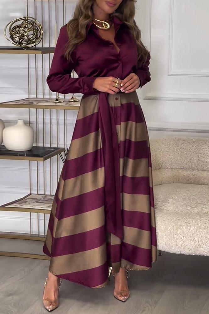 Hemdblusenkleid mit Gürtel | Streifendesign | Satin-Finish