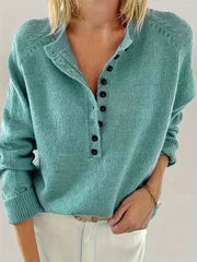 Clara | Stilvoller Strickpullover mit V-Ausschnitt und Knopfleiste – Smaragdgrün