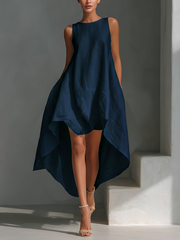 Ärmelloses Leinen-Midikleid mit asymmetrischem Saum – Marineblau