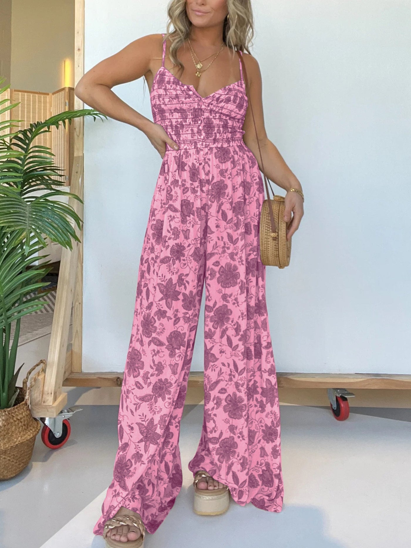 Jumpsuit mit Spaghettiträgern | Smock-Oberteil | Florales Design
