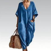 Evelisse - Luftiger Jumpsuit mit Fledermausärmeln und Taschen – Blau