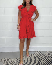 Wilma | Damen Elegantes V-Ausschnitt Kleid Rüschen – V-Neck Rüschen Kleid 2026 – Rot