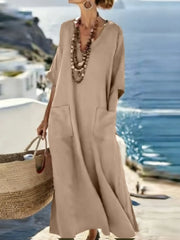 Serenelle - Maxikleid mit V-Ausschnitt und Soft-Touch-Print – Khaki