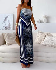 Helen | Urlaubstaugliches, stilvolles Schnür-Weste und Hose Zwei-Teile-Set Kleid – Blau