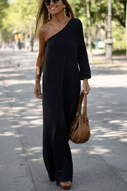 Greta | Damen One-Shoulder Maxikleid Lang Einfarbig Schlitz – Schwarz