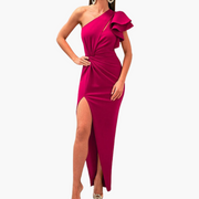 Abendkleid mit Schlitz und einer Schulter Damen – Rosa Rot