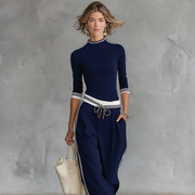 Damen-Zweiteiler: Oberteil und weite Hose mit Kordelzug – Marineblau