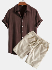 Hemd aus Leinen-Viskose-Mischung mit Knöpfen & Shorts aus Leinen-Baumwoll-Mischung mit Kordelzug – Kaffee