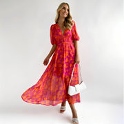 Louisa - Blumiges, legeres Midikleid – Orange
