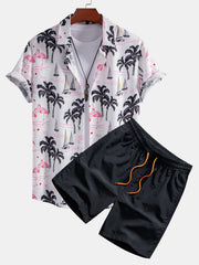 Palm Tree Flamingo Print Button Up Shirt & Swim Shorts – Schwarz