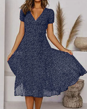 Mia | Damen Midi Kleid V-Ausschnitt Kurzarm A-Linie Sommerkleid – Marineblau