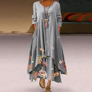 Rosalie | Damen Maxikleid Langarm Blumenprint A-Linie – Schiefergarten