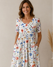 Ailith - drapiertes Soft-Touch-Kleid – Rotes Blumenmuster