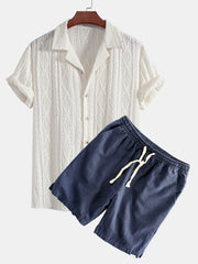 Geometrisches Jacquard Eyelet Cuban Hemd & Shorts aus Leinen-Baumwoll-Mischung – Marineblau