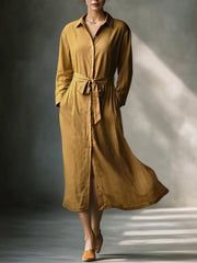 Senfgelbes Hemdblusen-Midikleid aus Leinen-Mix – Senfgelb