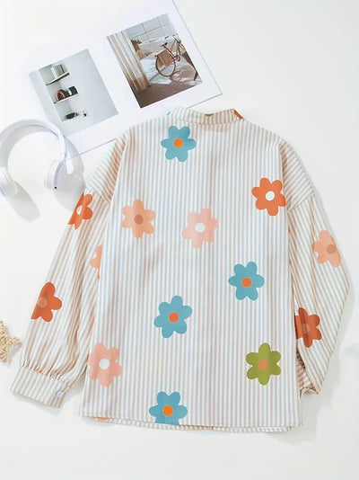 Jennifer | Elegantes Blumen Streifenmuster Button-Up Hemd