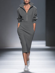 Lässiges Midikleid mit Half-Zip aus Baumwoll-Mix – Grau